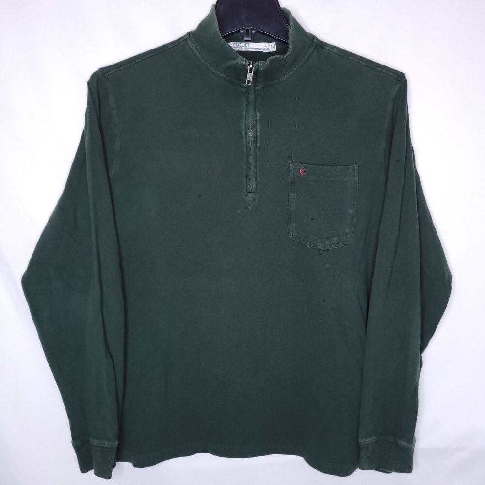 Criquet Sweater Mens Large Green 1/4 Zip Organic Cotton